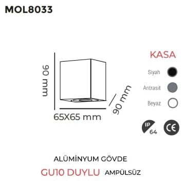 MOLLED MOL8033 Siyah/Antrasit/Beyaz Tek Yönlü Dış Mekan Aplik - Metal Gövde - GU10 Duylu