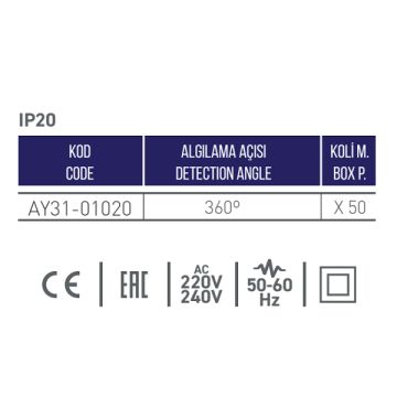 ACK AY31-01020 Max. 800 Watt Tavan Tipi 360 Derece Hareket Sensörü