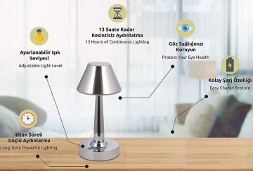 -1701 GALATA Krom Dokunmatik, Dimli ve Şarjlı LED Masa Lambası - Gün Işığı (3200K)