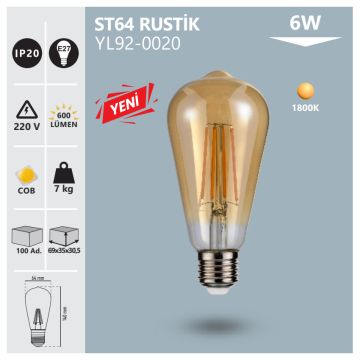 NOAS YL92-0020 6 Watt LED Rustik Armut Ampul - Amber