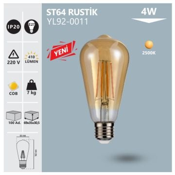 NOAS YL92-0011 4 Watt LED Rustik Armut Ampul - Sarı (2500K)