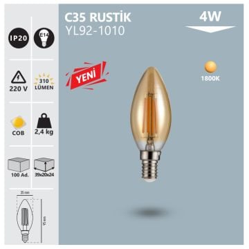 NOAS YL92-1010 4 Watt LED Rustik Mum Ampul - Amber