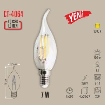 CATA CT-4064 7 Wat Rustik LED Rustik Kıvrık Uçlu Mum Ampul - Gün Işığı (3200K)