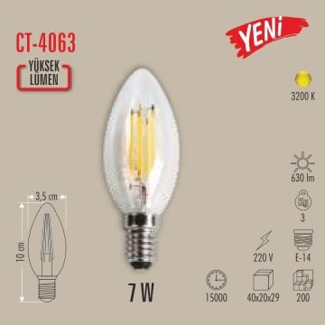 CATA CT-4063 7 Wat Rustik LED Rustik Mum Ampul - Gün Işığı (3200K)