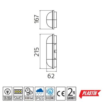 HOROZ 400-012-125 AYDOS 15 Watt Siyah Dış Mekan LED Glop Aplik - Beyaz Işık (6400K) [Plastik Kasa]