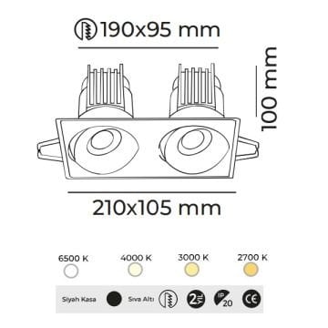 MOLLED MOL6109M Dali Dimli 2x8 Watt Siyah Kasa Sıva Altı İkili LED Spot (SAMSUNG/OSRAM/PHILIPS LED & EAGLERISE/PHILIPS/LIFUD Driver)