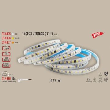 CATA CT-4476 220 Volt 10 Watt/Metre 120 Ledli Dış Mekan Şerit Led - Gün Işığı (3200K) [100 Metre]