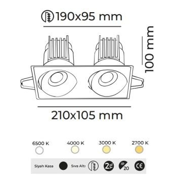 MOLLED MOL6109M Triac Dimli 2x10 Watt Siyah Kasa Sıva Altı İkili LED Spot (SAMSUNG/OSRAM/PHILIPS LED & EAGLERISE/PHILIPS/LIFUD Driver)