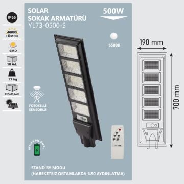 NOAS YL73-0500-S 500 Watt Solar Sokak Armatürü - Beyaz Işık (6500K)