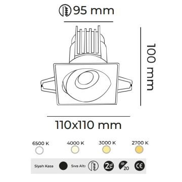 MOLLED MOL6107M Dali Dimli 12 Watt Siyah Kasa Sıva Altı Kare LED Spot (SAMSUNG/OSRAM/PHILIPS LED & EAGLERISE/PHILIPS/LIFUD Driver)