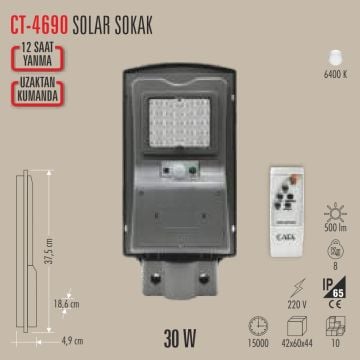 CATA CT-4690 30 Watt Solar Sokak Armatürü - Beyaz Işık (6400K)