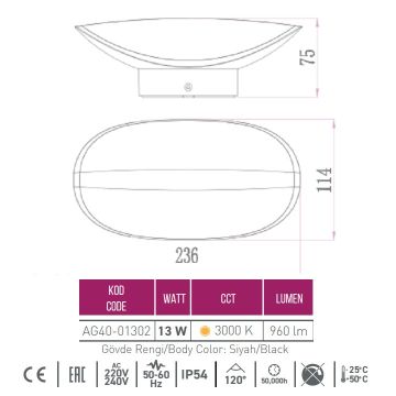 ACK AG40-01302 13 Watt Siyah Dış Mekan LED Aplik - OSRAM LED - IP54 - Gün Işığı (3000K) - Metal Gövde