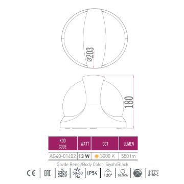 ACK AG40-01402 13 Watt Siyah Dış Mekan Küre LED Aplik - OSRAM LED - IP54 - Gün Işığı (3000K) - Metal Gövde