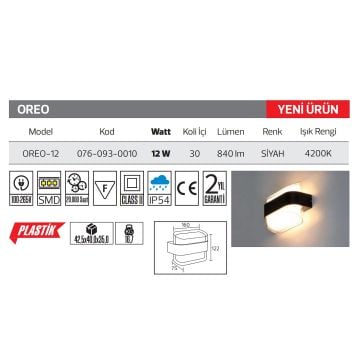 HOROZ 076-093-0010 OREO-12 12 Watt Dış Mekan LED Aplik - Ilık Beyaz (4200K)