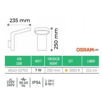 ACK AG43-02702 7 Watt Siyah Dış Mekan LED Aplik - OSRAM LED - Gün Işığı (3000K) - IP54 - Metal Gövde