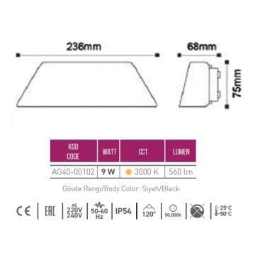 ACK AG40-00102 9 Watt Siyah Dış Mekan LED Aplik - OSRAM LED - IP54 - Gün Işığı (3000K) - Metal Gövde