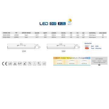 Braytron BD60-00381 10 Watt 30 cm LED Magnet Armatür - 3 Işık Renkli - Beyaz (6500K) + IIık Beyaz (4000K) + Gün Işığı (3000K)