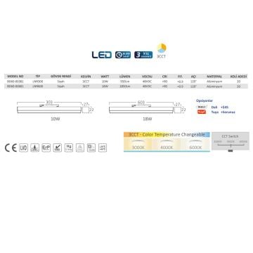 Braytron BD60-00681 18 Watt 60 cm LED Magnet Armatür - 3 Işık Renkli - Beyaz (6500K) + IIık Beyaz (4000K) + Gün Işığı (3000K)