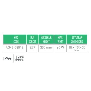 ACK AG43-08012 Siyah Dış Mekan Aplik - IP44 - Metal Gövde - E27 Duylu
