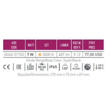 ACK AG40-01702 7 Watt Siyah Dış Mekan LED Aplik - OSRAM LED - Gün Işığı (3000K) - IP65 - Metal Gövde