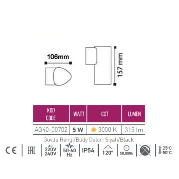 ACK AG40-00702 5 Watt Siyah Tek Yönlü Dış Mekan LED Aplik - OSRAM LED - IP54 - Gün Işığı (3000K) - Metal Gövde