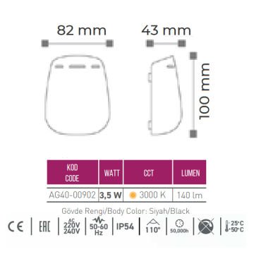 ACK AG40-00902 3.5 Watt Siyah Tek Yönlü Dış Mekan LED Aplik - OSRAM LED - IP54 - Gün Işığı (3000K) - Metal Gövde