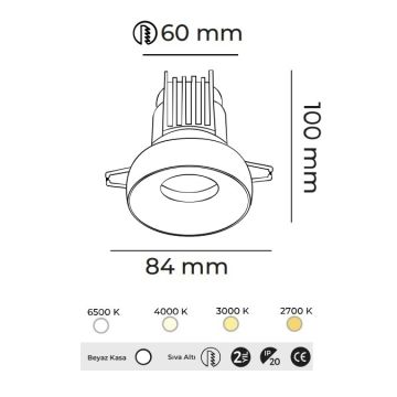 MOLLED MOL4176M Triac Dimli 8 Watt Beyaz Kasa Sıva Altı Yuvarlak LED Spot (SAMSUNG/OSRAM/PHILIPS LED & EAGLERISE/PHILIPS/LIFUD Driver)