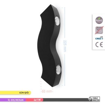 ACK AH07-07501 4x1 Watt Siyah Çift Yönlü Dış Mekan LED Aplik - Gün Işığı (3000K) - IP54 - Metal Gövde