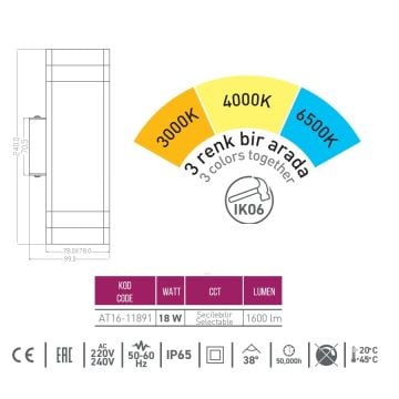 ACK AT16-11891 18 Watt Siyah Çift Yönlü Dış Mekan LED Aplik - 3 Işık Renkli (Beyaz + Ilık Beyaz + Gün Işığı) - IP65