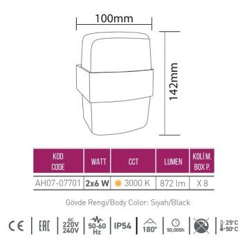 ACK AH07-07701 2x6 Watt Dış Mekan LED Aplik - Gün Işığı (3000K) - IP54 - Metal Gövde