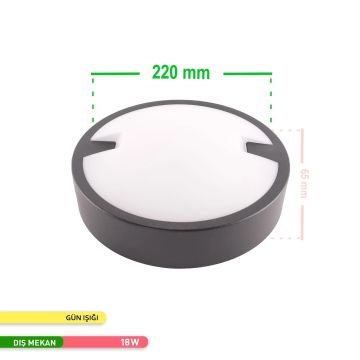 ACK AT10-71801 18 Watt Siyah Dış Mekan Yuvarlak LED Aplik - Gün Işığı (3000K) - IP54