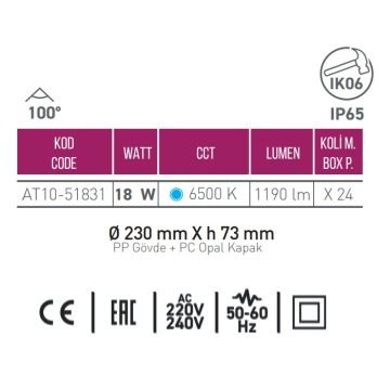ACK AT10-51831 18 Watt Siyah Dış Mekan Yuvarlak LED Aplik - Beyaz Işık (6500K) - IP65 - PC Gövde