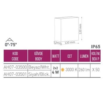 ACK AH07-03501 2x2 Watt Ayarlanabilir Açılı Siyah Çift Yönlü Dış Mekan LED Aplik- Gün Işığı (3000K) - IP65 - PC Gövde