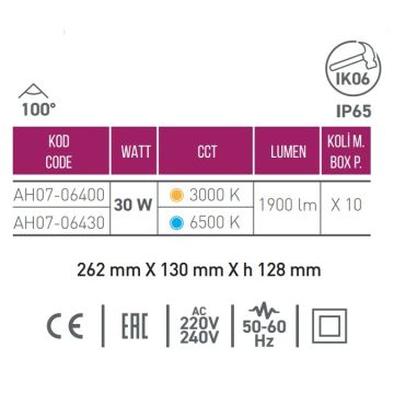 ACK AH07-06430 30 Watt Siyah Dış Mekan LED Aplik - Beyaz Işık (6500K) - IP65