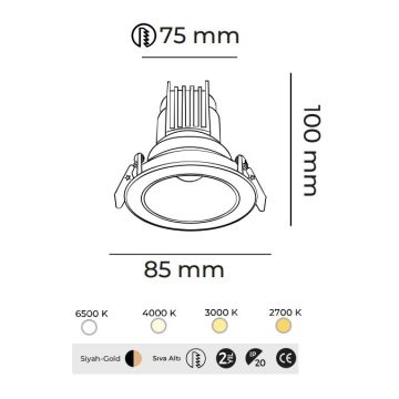 MOLLED MOL4145M Dali Dimli 10 Watt Siyah-Gold Sıva Altı Yuvarlak LED Spot (SAMSUNG/OSRAM/PHILIPS LED & EAGLERISE/PHILIPS/LIFUD Driver)