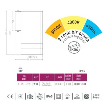 ACK AT16-10990 9 Watt Beyaz Tek Yönlü Dış Mekan LED Aplik - 3 Işık Renkli (Beyaz + Ilık Beyaz + Gün Işığı) - IP65
