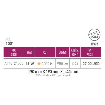 ACK AT10-21500 15 Watt Beyaz Dış Mekan Kare LED Aplik - Gün Işığı (3000K) - IP65 - PC Gövde