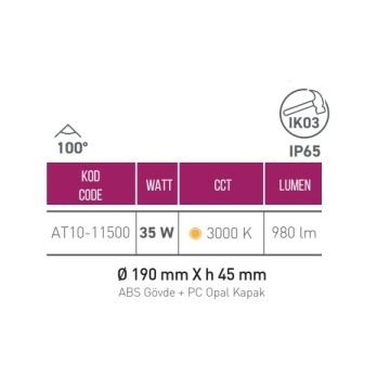 ACK AT10-11500 15 Watt Beyaz Dış Mekan Yuvarlak LED Aplik - Gün Işığı (3000K) - IP65 - PC Gövde