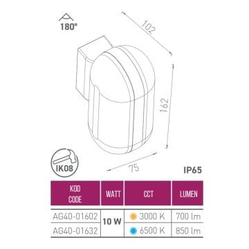 ACK AG40-01602 10 Watt Siyah Dış Mekan LED Aplik - IP65 - Gün Işığı (3000K)