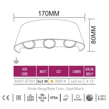 ACK AH07-07201 6 Watt Siyah Çift Yönlü Dış Mekan LED Aplik - Gün Işığı (3000K) - IP54 - Metal Gövde