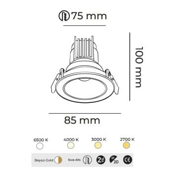MOLLED MOL4138M Dali Dimli 10 Watt Beyaz-Gold Sıva Altı Yuvarlak LED Spot (SAMSUNG/OSRAM/PHILIPS LED & EAGLERISE/PHILIPS/LIFUD Driver)