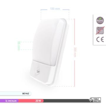 ACK AH07-05330 20 Watt Sensörlü Beyaz Dış Mekan LED Aplik - Beyaz Işık (6500K) - IP44