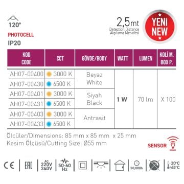 ACK AH07-00430 1 Watt Sıva Altı Sensörü Kare LED Merdiven Armatürü - Beyaz Gövde - Beyaz Işık (6500K)