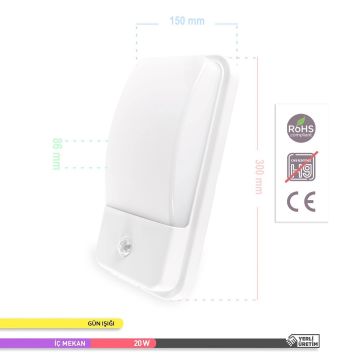 ACK AH07-05300 20 Watt Sensörlü Beyaz Dış Mekan LED Aplik - Gün Işığı (3000K) - IP44
