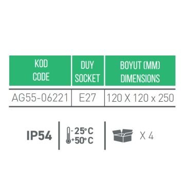 ACK AG55-06221 Siyah Dış Mekan Aplik - IP54 - PC Gövde - E27 Duylu