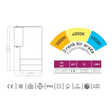 ACK AT16-00991 9 Watt Siyah Tek Yönlü Dış Mekan LED Aplik - 3 Işık Renkli (Beyaz + Ilık Beyaz + Gün Işığı) - IP65