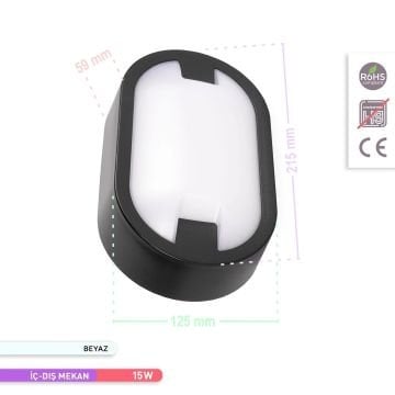 ACK AT11-21531 15 Watt Siyah Dış Mekan Elips LED Aplik - Beyaz Işık (6500K) - IP54