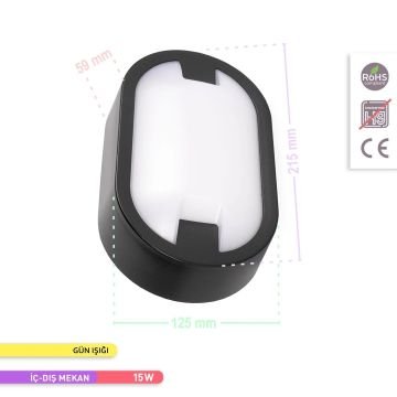 ACK AT11-21501 15 Watt Siyah Dış Mekan Elips LED Aplik - Gün Işığı (3000K) - IP54