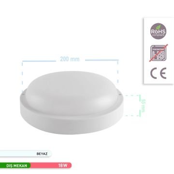 ACK AT10-01830 18 Watt Beyaz Dış Mekan Yuvarlak LED Aplik - Beyaz Işık (6500K) - IP54