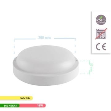 ACK AT10-01800 18 Watt Beyaz Dış Mekan Yuvarlak LED Aplik - Gün Işığı (3000K) - IP54